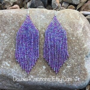 Purple Rainbow Lined Beaded Earrings with Fringe, New, Handmade By Me
